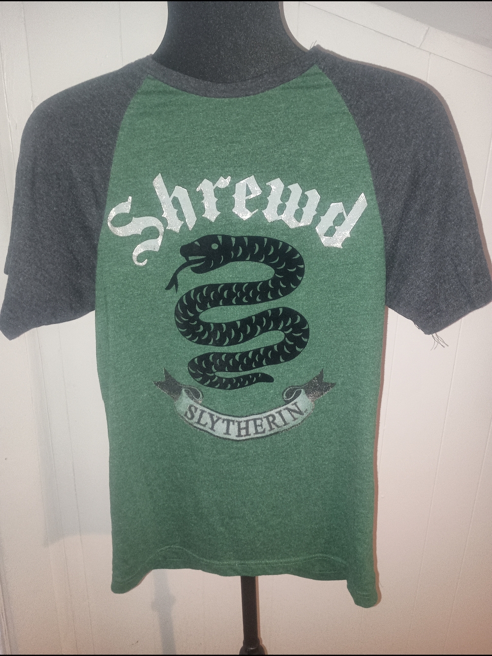 Slytherin Green and Charcoal Raglan Short-Sleeve Graphic Tee